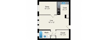 A floor plan of a small apartment with a sleeping area, a kitchen, a living room, a bathroom, and a closet.