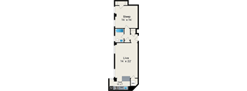A floor plan of a small apartment with a sleeping area, a living area, and a kitchen.