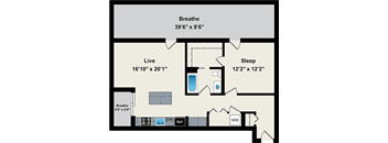 A floor plan of a room with a living area, a sleeping area, and a bathroom.