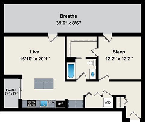 A floor plan of a room with a living area, a sleeping area, and a bathroom.