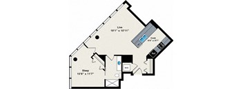 A floor plan of a house with a sleeping area, a kitchen, and a living area.