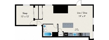 A floor plan of a room with a sleeping area, a live/dine area, a kitchen, and a work desk.