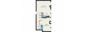 A floor plan of a room with a bed, a wash basin, a cooker and a refrigerator.