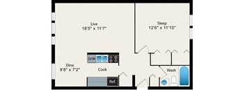 A floor plan of a house with a living room, sleeping area, kitchen, and bathroom.