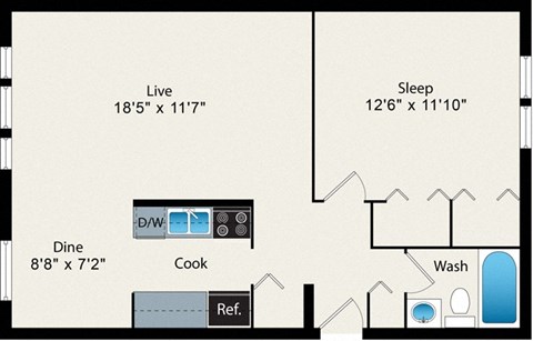 A floor plan of a house with a living room, sleeping area, kitchen, and bathroom.