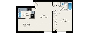 A floor plan of a small apartment with a sleeping area, a study/dining area, a kitchen, a reference room, and a bathroom.