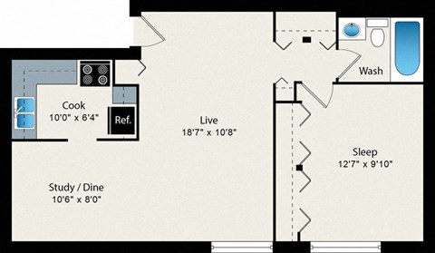 A floor plan of a small apartment with a sleeping area, a study/dining area, a kitchen, a reference room, and a bathroom.