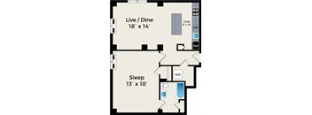 A floor plan of a house with a live/dine area, a sleeping area, and a kitchen.