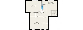 A floor plan of a room with two sleeping areas and a work/study area with a washroom.