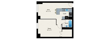 A floor plan of a room with a dining area, a sleeping area, a kitchen, a bathroom, and a reference area.