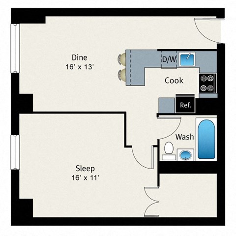A floor plan of a room with a dining area, a sleeping area, a kitchen, a bathroom, and a reference area.