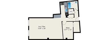 A floor plan of a room with a live/dine area, a sleeping area, and a bathroom.