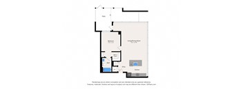 A floor plan of a house with a kitchen, living room, and bath.