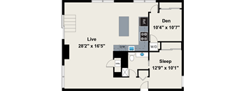 A floor plan of a room with a living area, a sleeping area, a den, a utility space, and a reference wall.