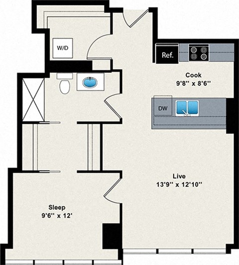 A floor plan of a house with a sleeping area, a kitchen, a reference area, and a live area.