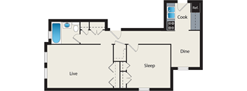 A floor plan of a house with a living room, dining room, kitchen, and bedrooms.
