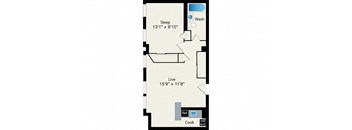 A floor plan of a room with a sleeping area, a washroom, a live area, and a kitchen.