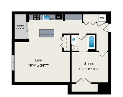 A floor plan of a room with a living area, sleeping area, and bathroom.