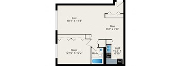 A floor plan of a small apartment with a living room, dining room, kitchen, and bathroom.