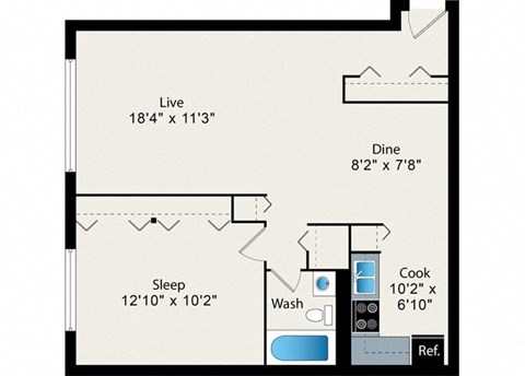 A floor plan of a small apartment with a living room, dining room, kitchen, and bathroom.