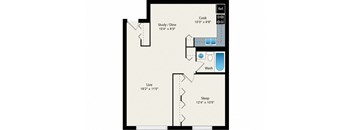 A floor plan of a room with a study, a sleeping area, a live area, a washroom, and a kitchen.
