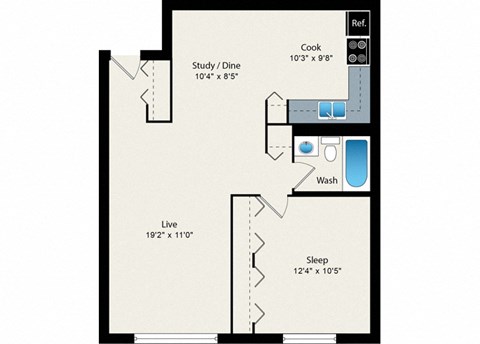 A floor plan of a room with a study, a sleeping area, a live area, a washroom, and a kitchen.