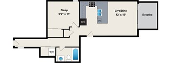A floor plan of a room with a sleeping area, a live/dine area, and a bathroom.