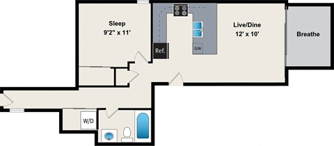 A floor plan of a room with a sleeping area, a live/dine area, and a bathroom.