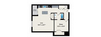 A floor plan of a room with a living area, sleeping area, and bathroom.