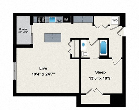 A floor plan of a room with a living area, sleeping area, and bathroom.