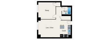 A floor plan of a small apartment with a sleeping area, a live/dine area, and a kitchen.