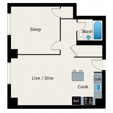 A floor plan of a small apartment with a sleeping area, a live/dine area, and a kitchen.