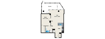 A floor plan of a house with a sleeping area, a living area, a kitchen, and a bathroom.