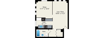 A floor plan of a small apartment with a sleeping area, a kitchen, a live/dine area, and a washroom.