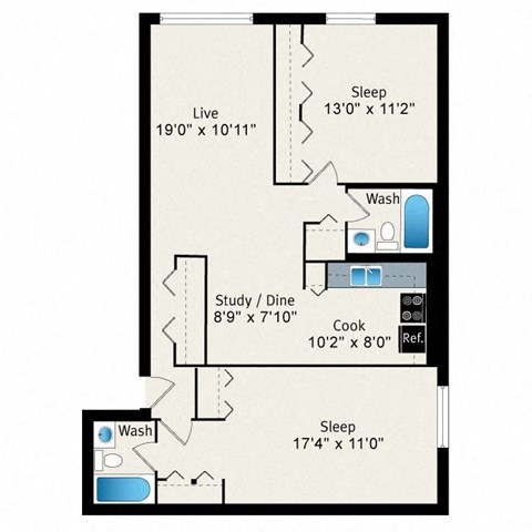 A floor plan of a house with a living room, two bedrooms, a study/dining room, and a kitchen.