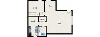 A floor plan of a house with a sleeping area, a dining area, a kitchen, a living room, a bathroom, and a reference area.