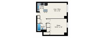 A floor plan of a room with a sleeping area, a kitchen, a washroom, and a living/dining area.