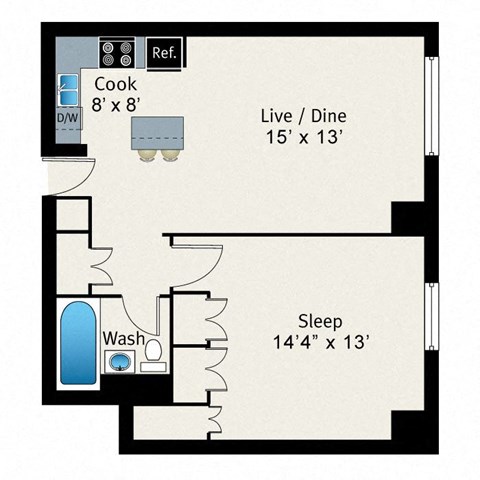 A floor plan of a room with a sleeping area, a kitchen, a washroom, and a living/dining area.