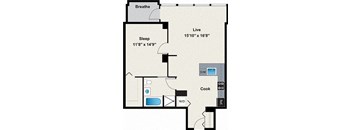 A floor plan of a house with a sleeping area, a living area, a kitchen, and a bathroom.