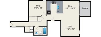 A floor plan of a room with a sleeping area, a dining area, a bathroom, a kitchen, a living room, and a laundry area.