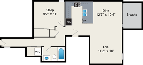 A floor plan of a room with a sleeping area, a dining area, a bathroom, a kitchen, a living room, and a laundry area.