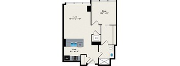 A floor plan of a room with a sleeping area, a living area, a kitchen, a bathroom, and a reference area.