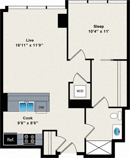 A floor plan of a room with a sleeping area, a living area, a kitchen, a bathroom, and a reference area.