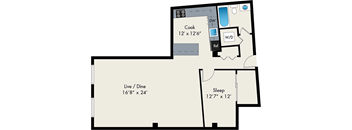 A floor plan of a room with a sleeping area, a kitchen, and a dining area.