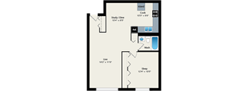 A floor plan of a small apartment with a kitchen, living room, and bedroom.