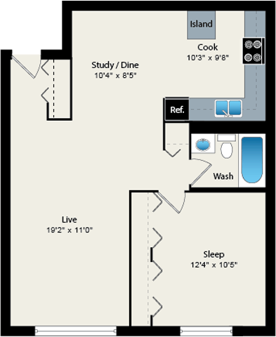 A floor plan of a small apartment with a kitchen, living room, and bedroom.