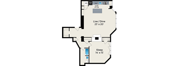 A floor plan of a house with a living room, dining area, and two bedrooms.