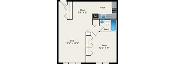 A floor plan of a small apartment with a kitchen, dining area, living room, and sleeping area.