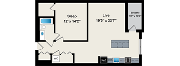 A floor plan of a room with a sleeping area and a live area.