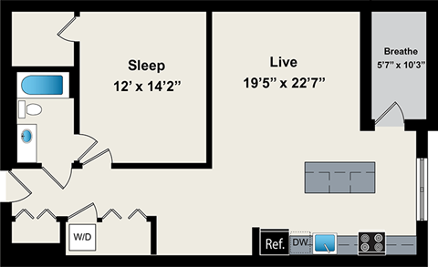A floor plan of a room with a sleeping area and a live area.